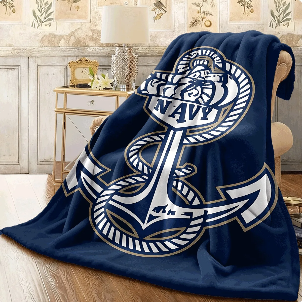 Cozy Navy Anchor Throw Blanket Plush Nautical Gift for Sailors Military Veterans Home Decor Keep Warm Comfort Accent