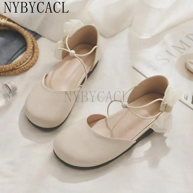 Korean Version  2022 Spring and Summer New  Literature Students Bow Baotou Flat Ladies Sandals wan wan Fairy Shoes lolita shoes