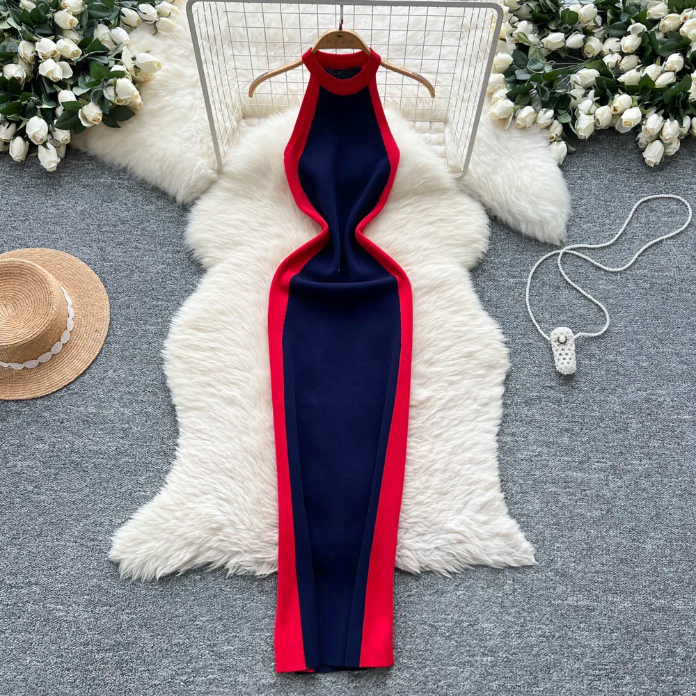2025 Nuove donne di estate sexy senza maniche elastico con spalle scoperte abito lavorato a maglia Hit Color Patchwork Slim aderente Halter Max abito lungo