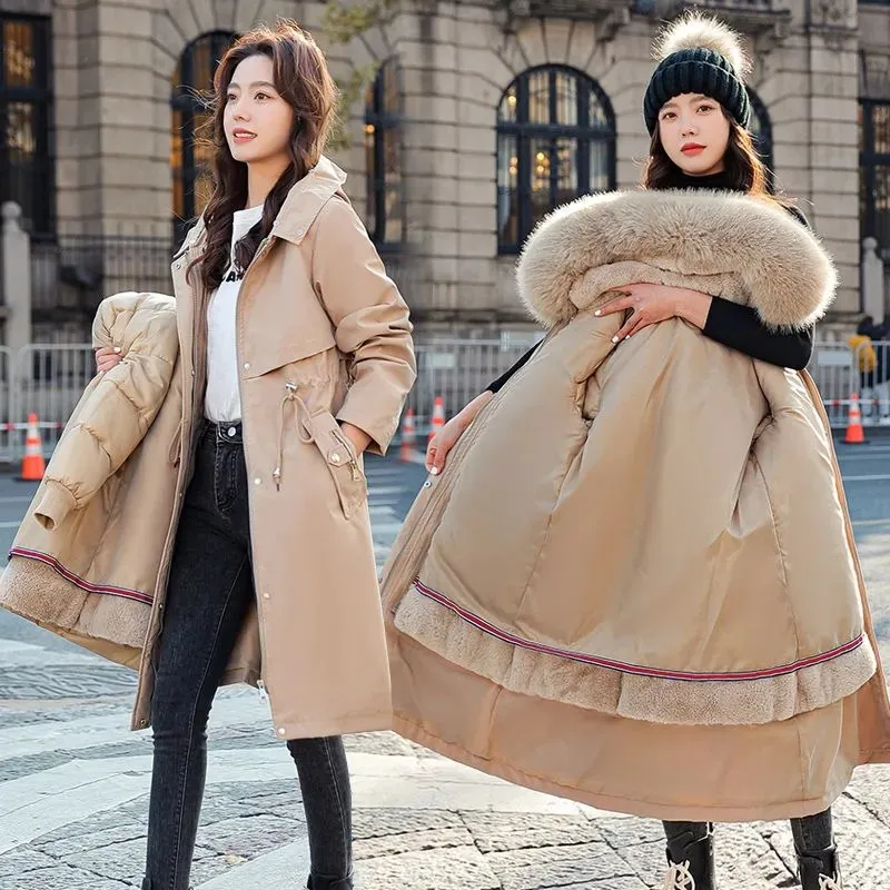 Winter Women\'s Parka Big Fur Collar Detachable Double Thick Lining Slim Waist 2022 New Jacket Mid long Casual Cotton Padded Coat