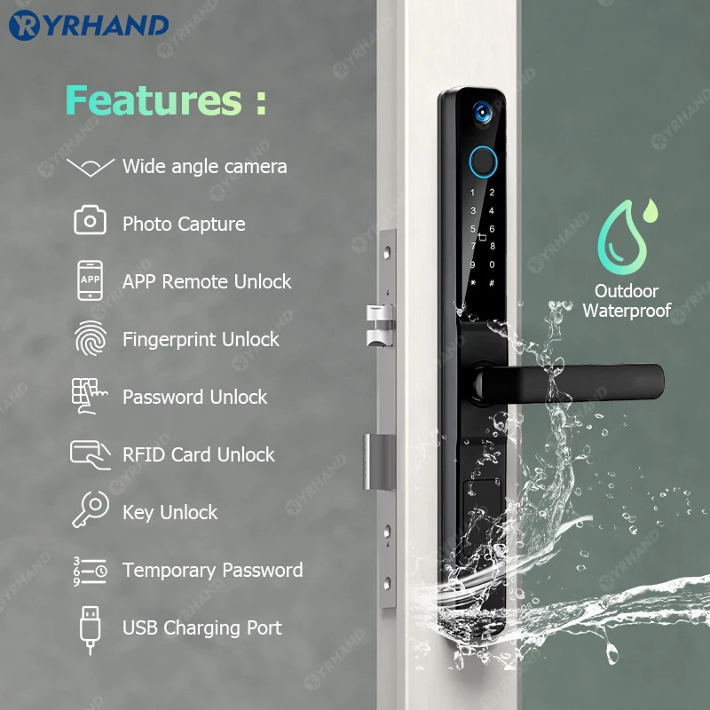 YRHAND IP66 Keyless Cat\'s Eye Waterproof Peephole Outdoor Aluminum Sliding Door Lock Digital Password Tuya Wifi Smart Lock