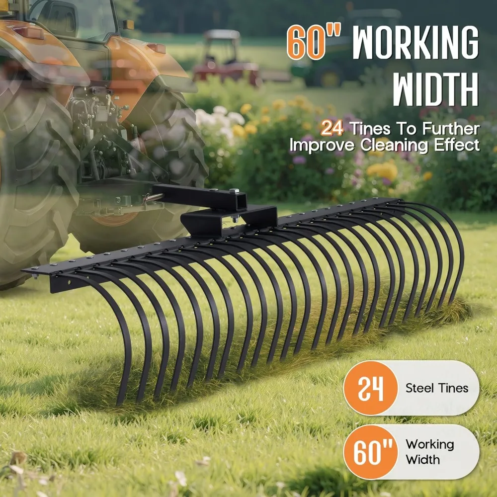 مشط خلف المناظر الطبيعية مقاس 60 بوصة للجرار، ومشط السحب مع 24 نوعًا من لفائف الصلب وجهاز استقبال مقاس 2 بوصة، مناسب للتعليق ذو 3 نقاط #2