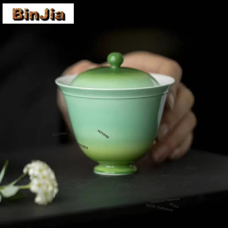 115ml Gradient Ramp Emerald Green Small High Footed Gaiwan Zen Tea Tureen Tea Bowl With Lid Kit Tea Making Cover Bowl Drinkware