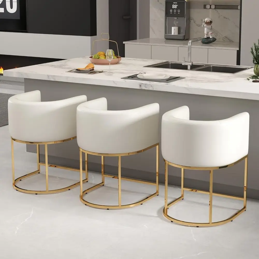 

Set of 3 Counter Height Bar Stools with White PU Leather Upholstery and Gold Metal Frame