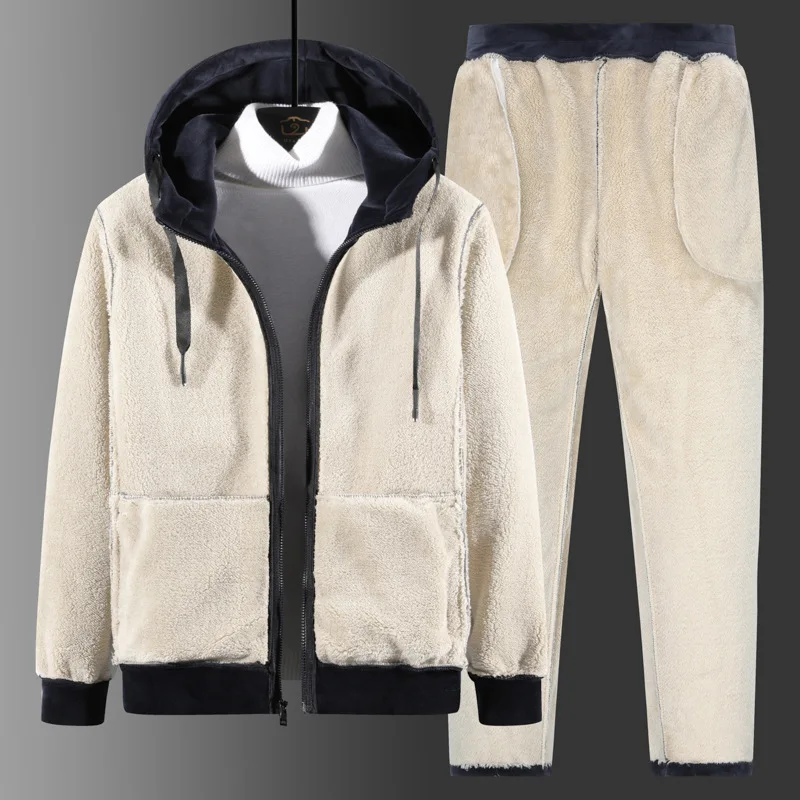 Men Velvet Sherpa Lined Tracksuit Full Zip Hooded Jacket Drawstring Jogger Pants Winter Thick Warm Fleece Two Piece Casual Outfi