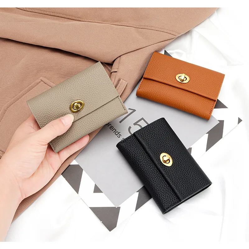 Luxury full cowhide small business card bag ladies short top cowhide business card bag niche design fashion leather coin purse