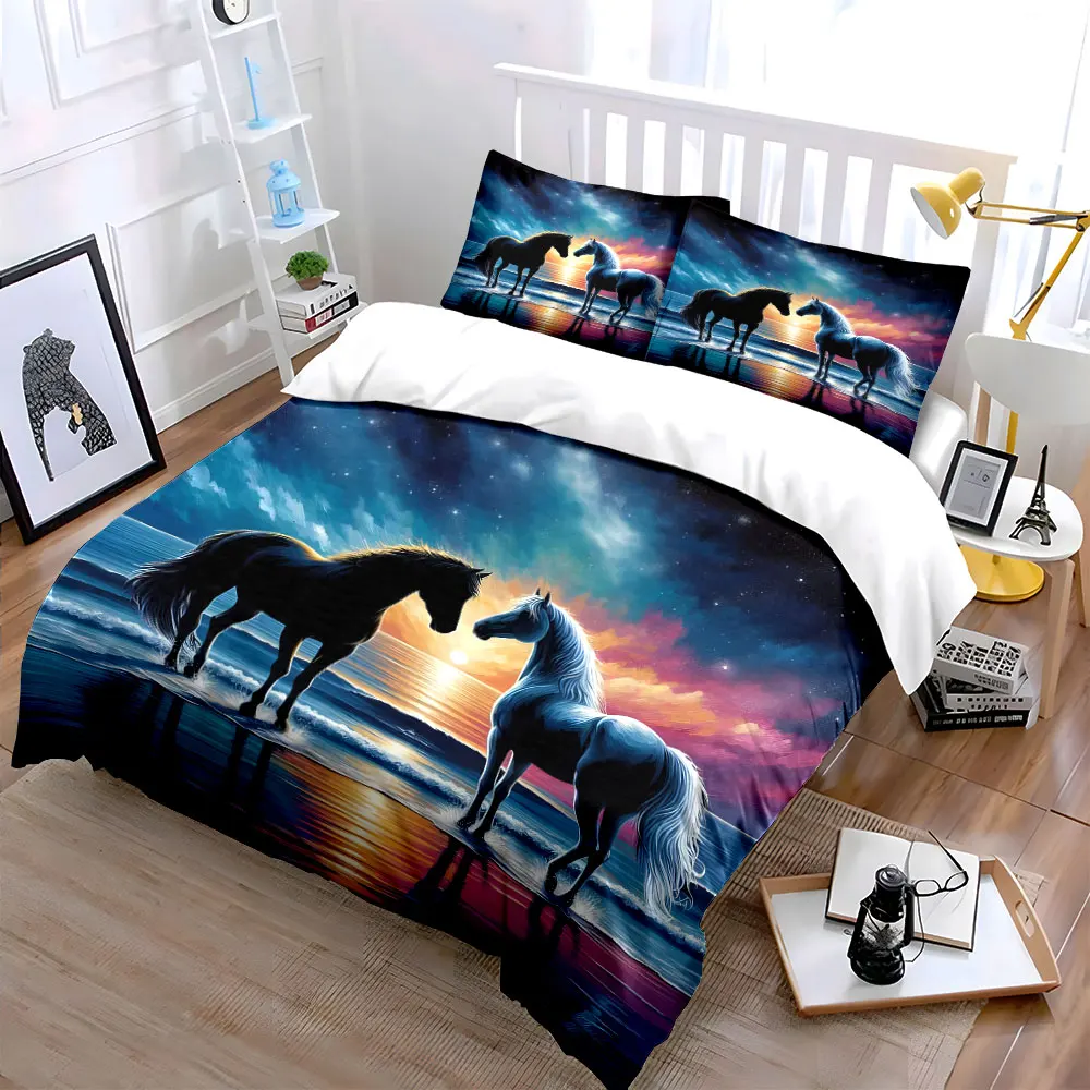 Two horses by sunset beach Printed Duvet Cover Set 1 Duvet Cover+2 Pillowcase Multi Size Bedroom Bedding Decor Luxury gifts 2
