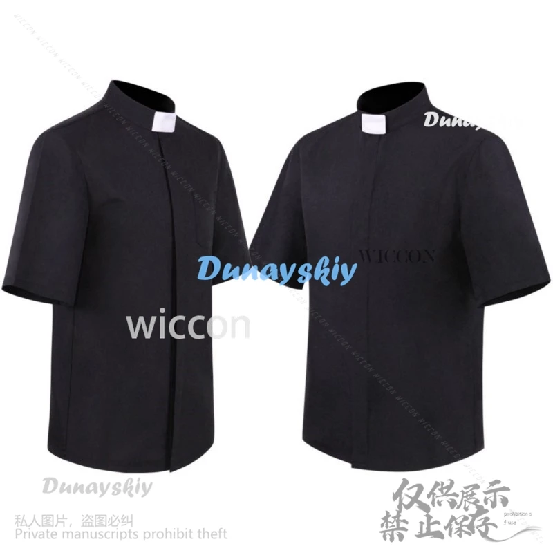 Anime Halloween Black Priest Shirt Men Cosplay Catholic Church Missionary Short Sleeve Top Role Play Roman Polo Shirt Customized