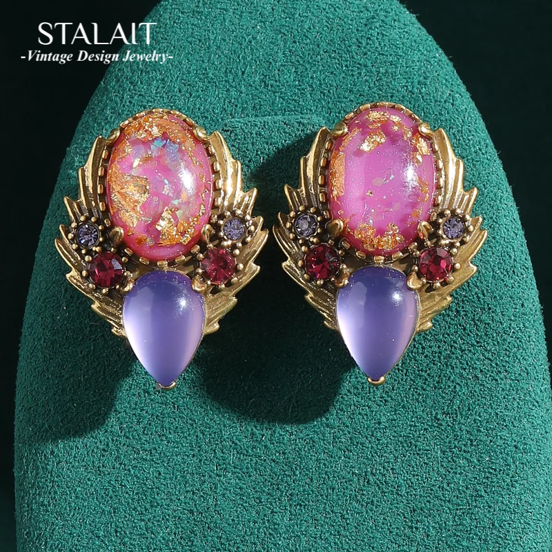 

Роскошные серьги-гвоздики из фольги цвета античного золота с фиолетовым овальным камнем и цветком для женщин, простые винтажные ювелирные изделия с каплями воды и кристаллами в Корейском стиле
