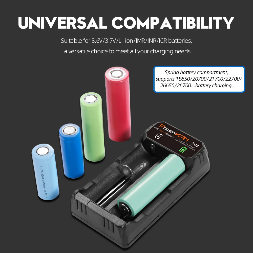 Powerkan TC2 Battery Charger 2 Slot 3.6V 3.7V Lithium 10400 14500 16340 18650 21700 26700 RCR Batteries Smart Type C Charing