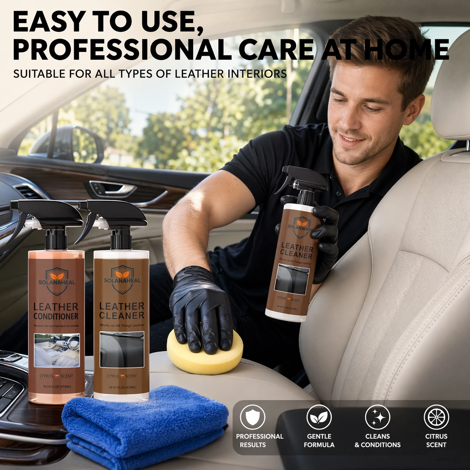Leather Cleaner & Conditioner Spray Kit, 2 Pack 16oz Citrus Scent Leather Care Set with Sponge, Microfiber Towel & Gloves, for C