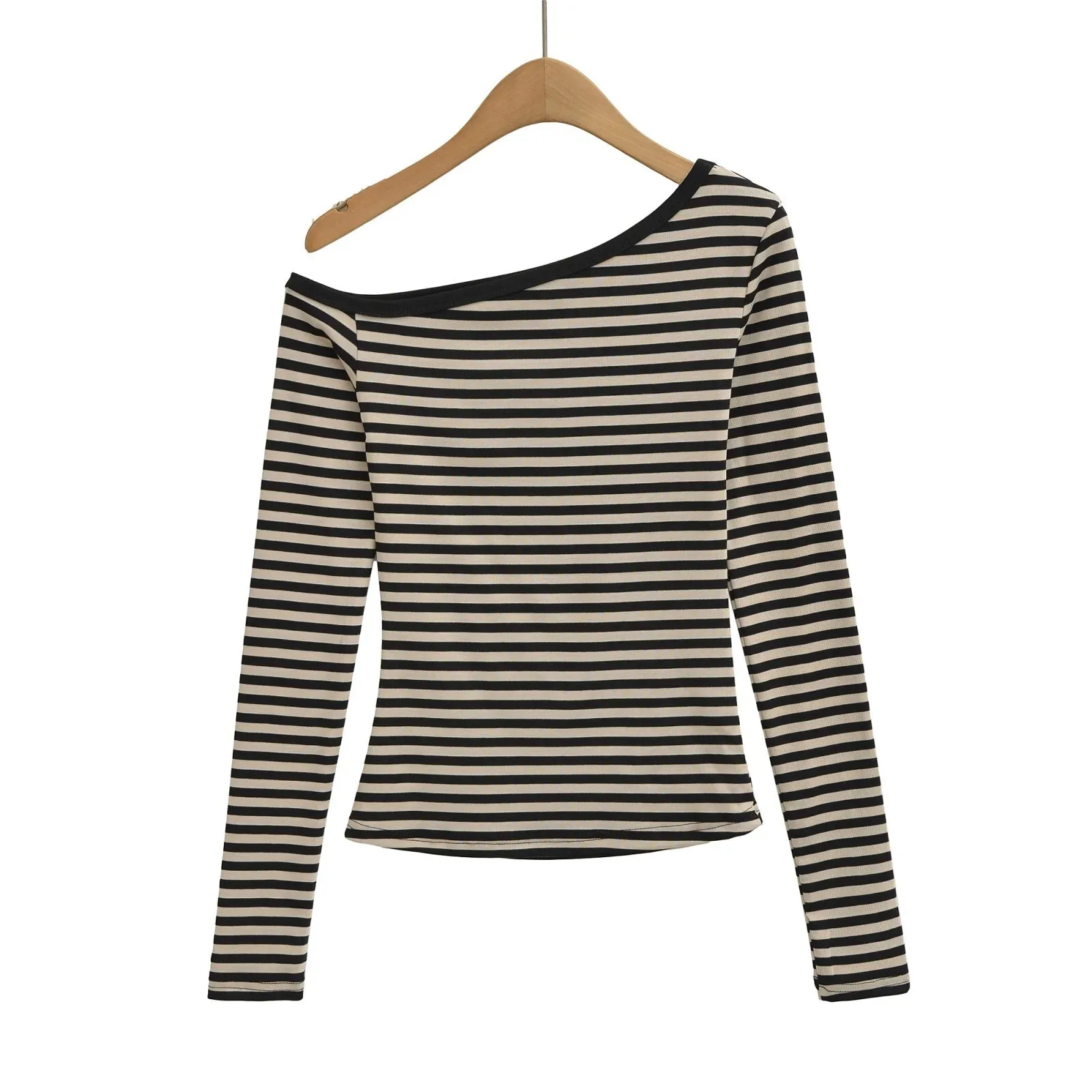 خارج الكتف مخطط كم طويل تي شيرت للنساء المألوف الرقبة خارج الكتف رغبة نقية فتاة ساخنة قاعدة فريدة QSW6 #3