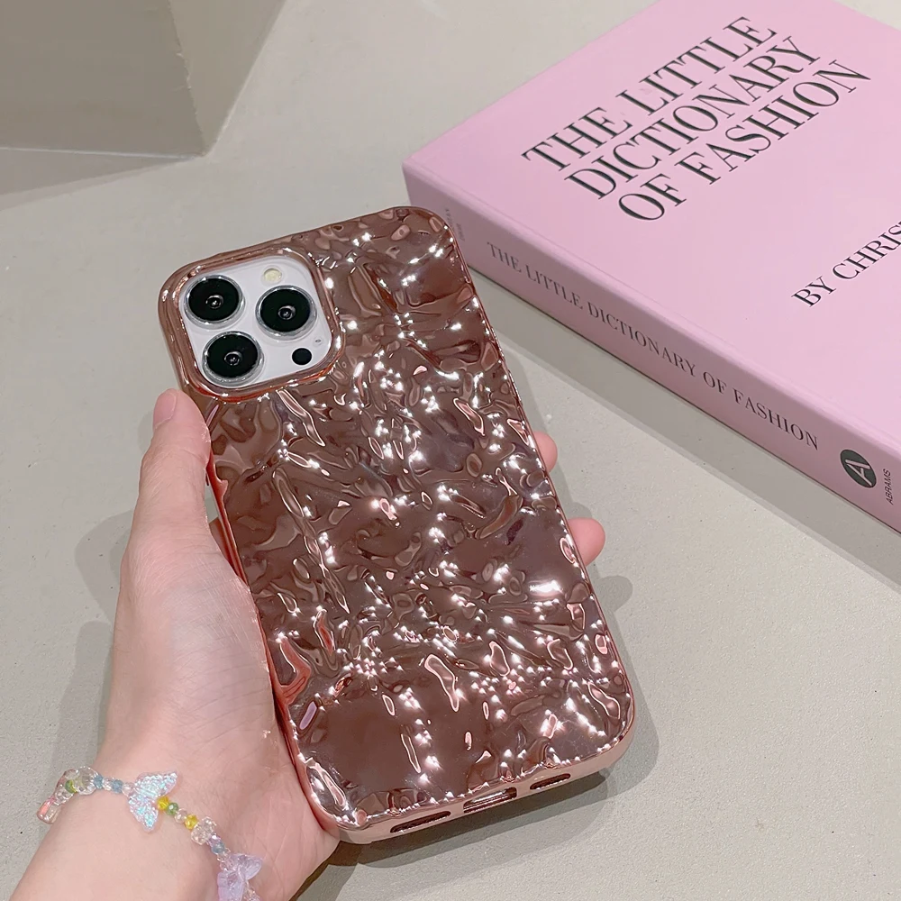 

Мягкий чехол для телефона с 3D-плиссировкой яркого розового золота для iPhone 16, 14, 15, 12, 13, мини 11 Pro Max XR X XS 7, 8 Plus, чехол