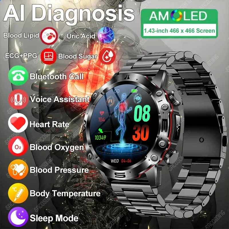 

2024 ECG+PPG Sport Smart Watch 466*466 AMOLED 1.43 Inch BMI Body Fat Blood Composition Heart Rate Bluetooth Call Smartwatch Men