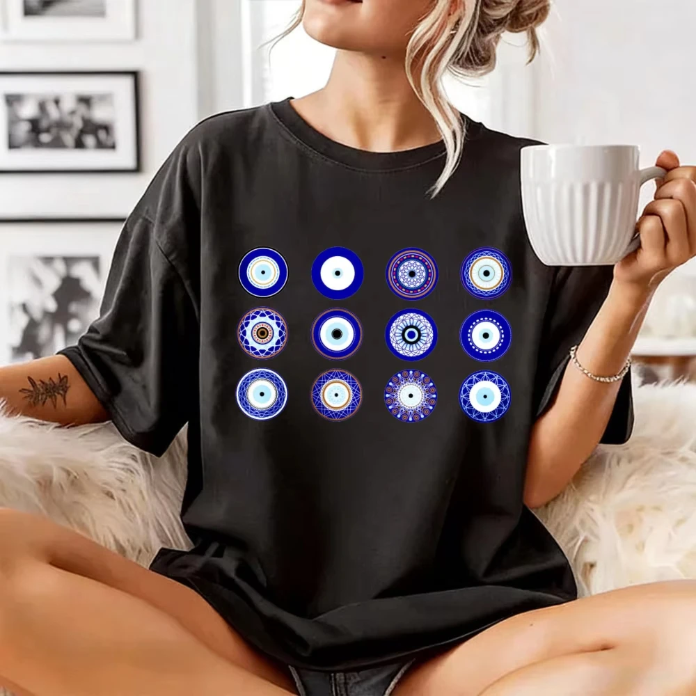 Evil Eye Ornament Cotton Shirt Casual Unisex Tee Bohemian Amulet Tee Boho Spiritual Charm Apparel Cultural Event Travel Trip Top