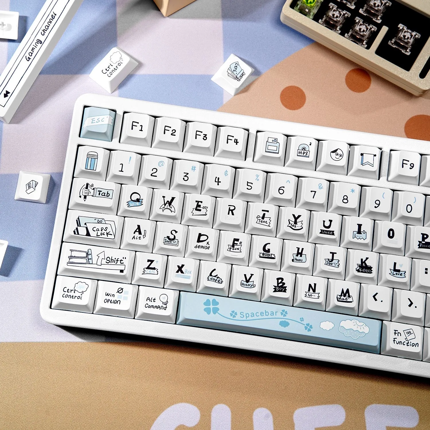 136 Keys Sea Salt Graffiti Keycaps PBT Double Shot Side Print Shine Through Backlit Keycap ISO Key for MX Mechanical Keyboard