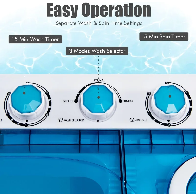 غسالة COSTWAY المحمولة، 2 في 1 حوض غسيل مزدوج بسعة 26 رطلًا (18 رطلًا) ودوار (8 رطل) مع مقابض تحكم