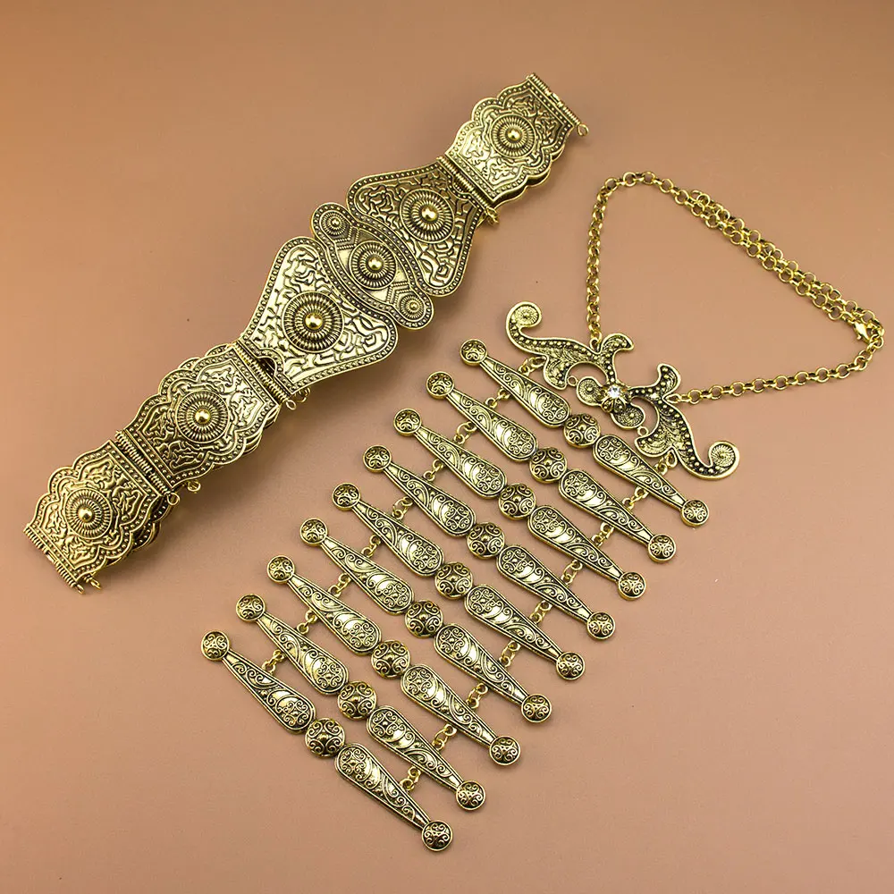 Retro Vintage Turkey Caucasus Belt Breastplate Sets For Women Traditional Metal Chain Adjustable Length Russian Relief Patterns
