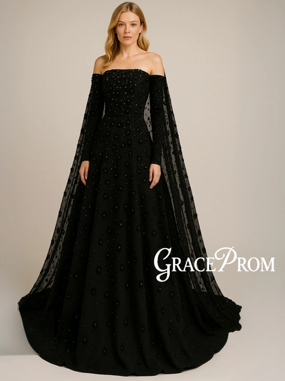 

2026 New GRACEPROM Black Strapless Off Shoulder Prom Dress Cape Sleeves A-Line Floor Length Beaded Evening Gown Customized