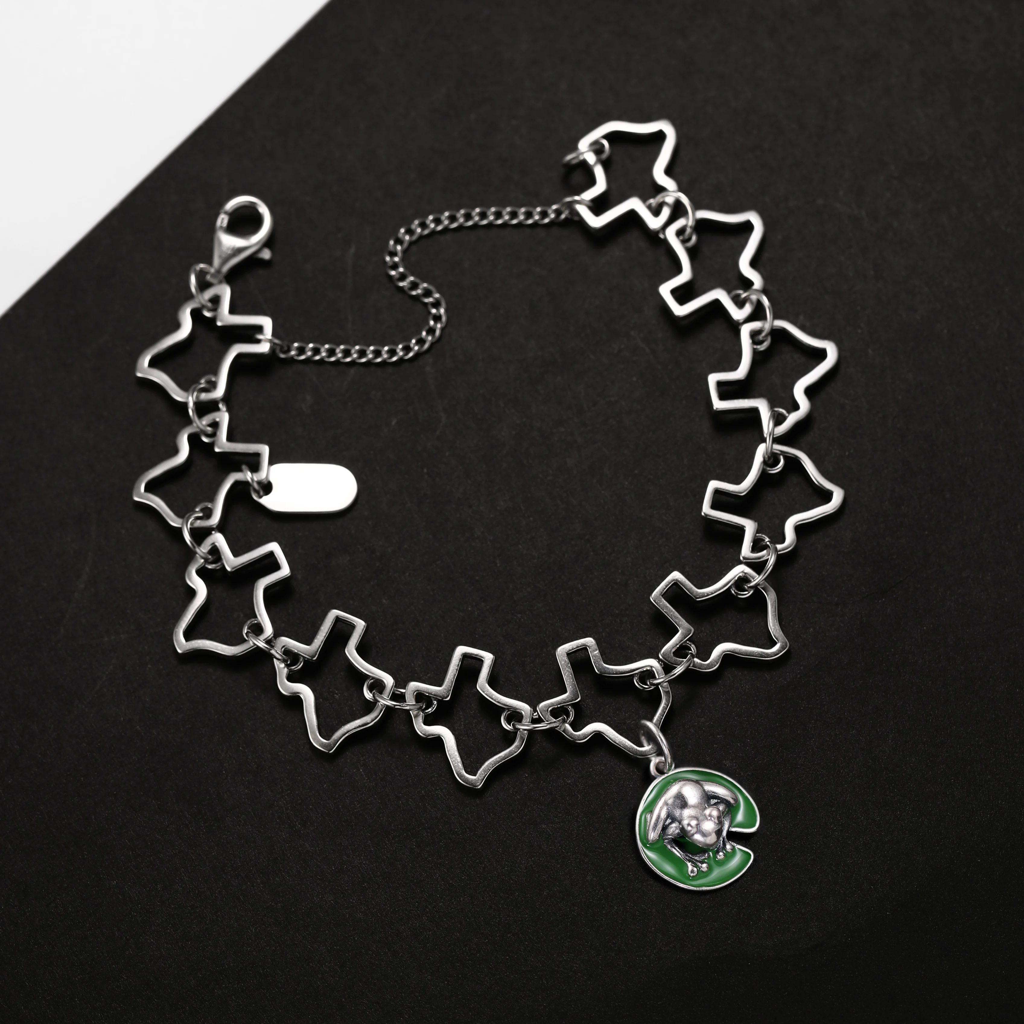 

Genuine 925 sterling silver Texas Charm Bracelet paired with Enamel frog on lotus leaf pendant