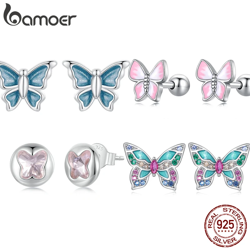 Bamoer 100% 925 Sterling Silver Butterfly Stud Earrings For Women Animal Earrings Fine Party Birthday Gift Jewelry