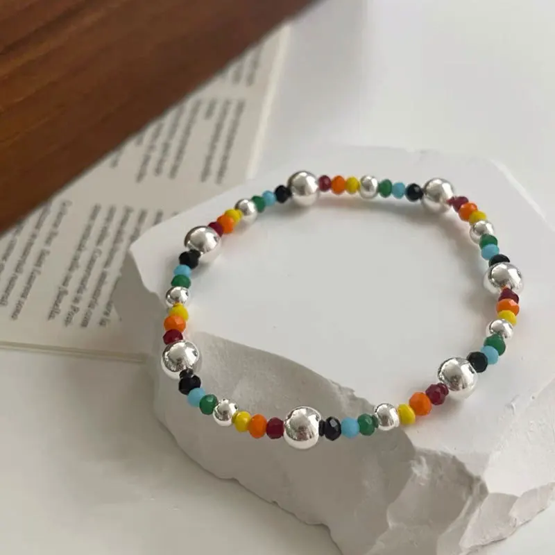 MEETSOFT 925 Sterling Silver Heart Bear Rainbow Colorful Beads Cloud Elastic Rope Bracelets for Women Girl Cute Fine Jewelry