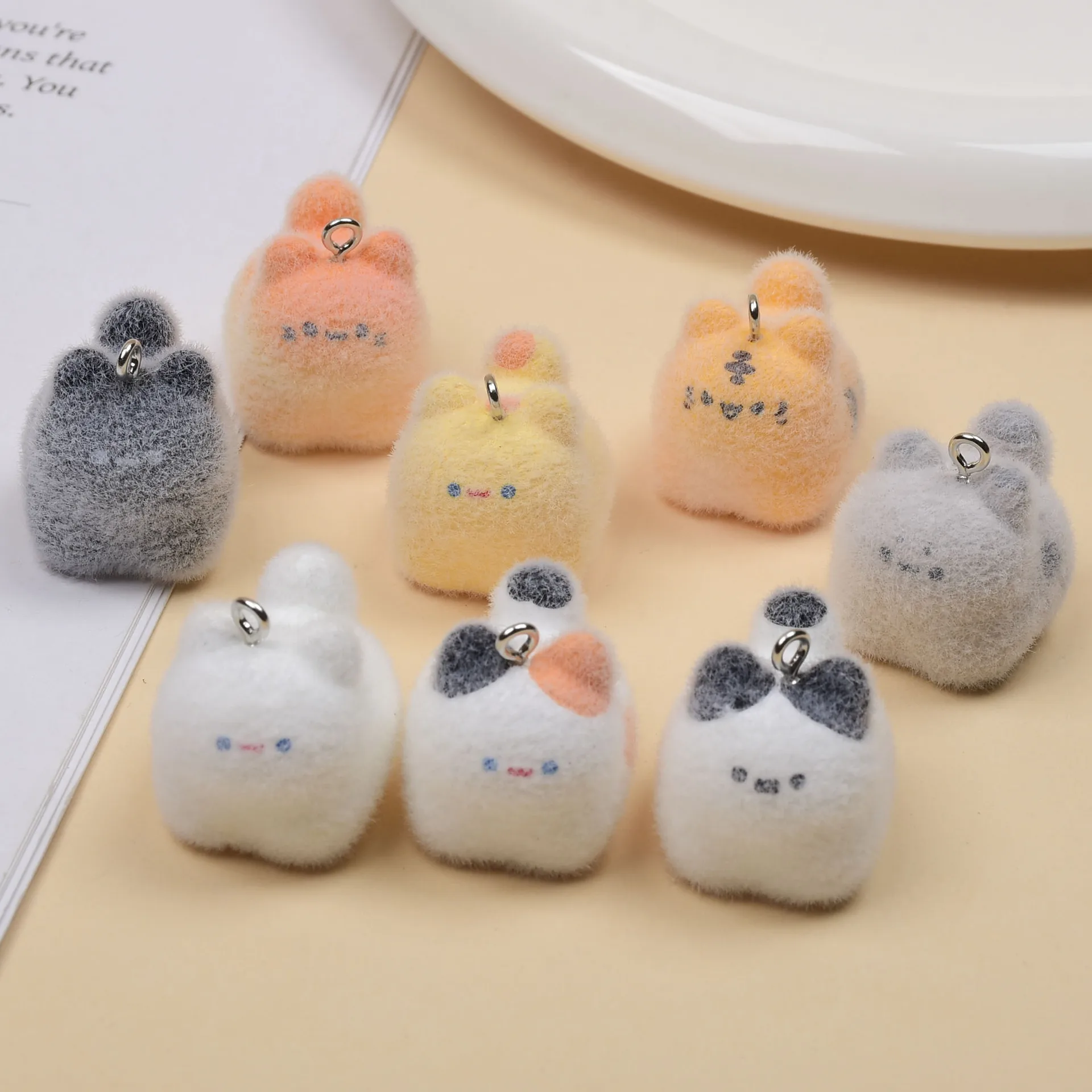 

30pcs Cartoon resin Cat Charms cute Flocking Animal pendant for Necklace keychain DIY crafts Jewelry make Accessories