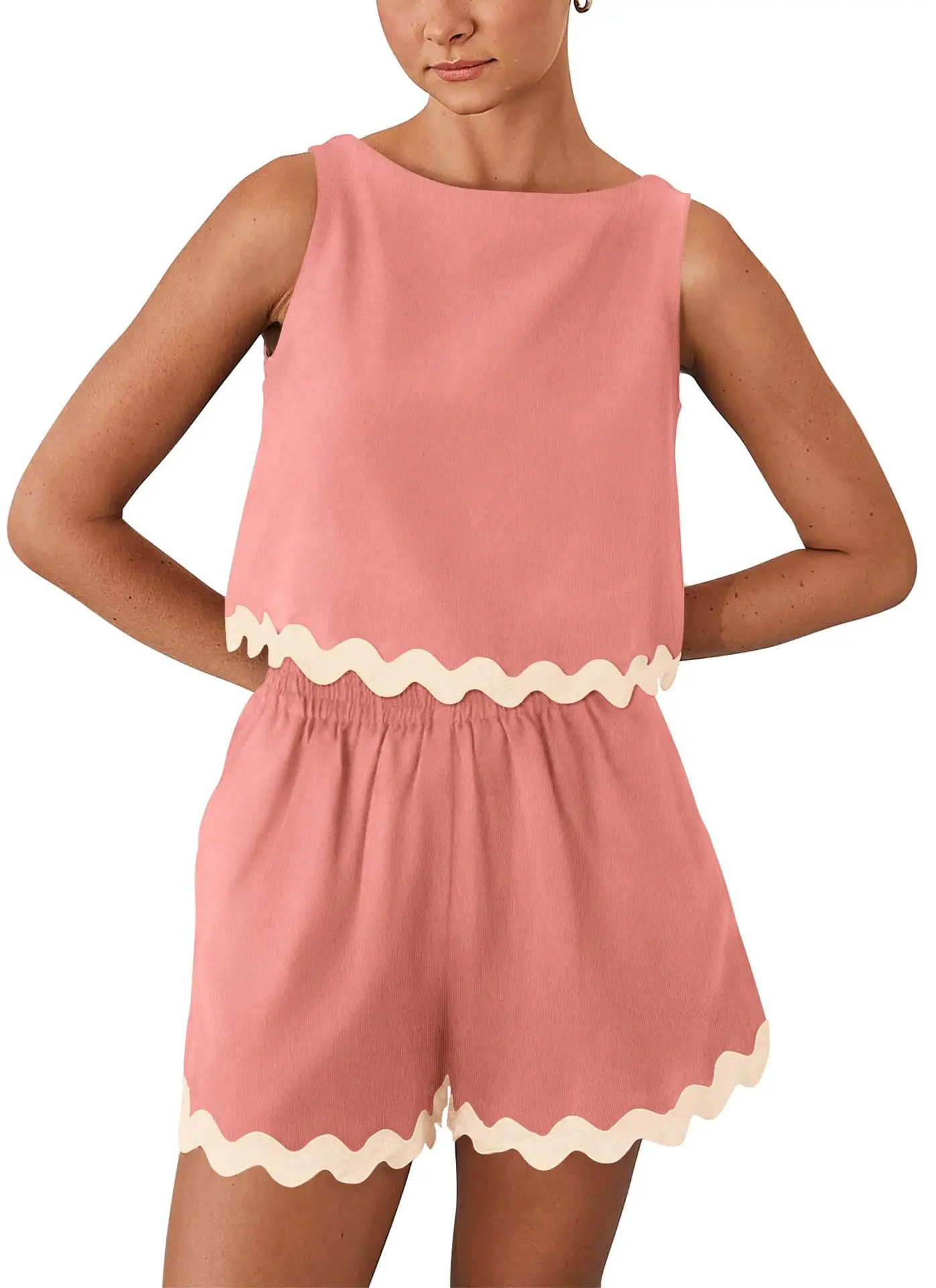 여름 웨이브 스트라이프 패치 워크 반바지 여성을위한 설정 인과 O 넥 탑 높은 허리 반바지 여성 패션 홀리데이 비치 2 조각 세트