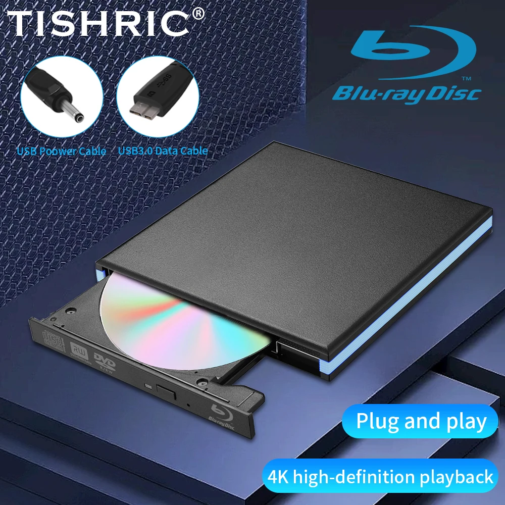 TISHIRC Blu-Ray External DVD CD Burner Drive USB3.0 DVD Players 3D Slim Optical Drive Writer Reader For Windows MacBook Laptop