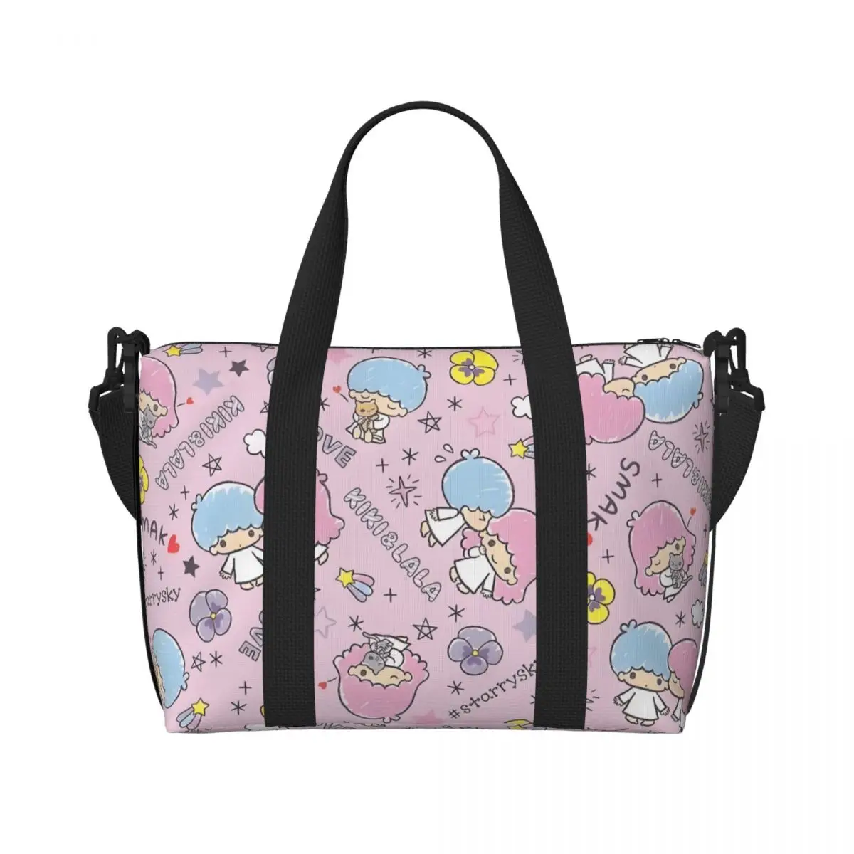 

Custom Sanrio Little Twin Stars Anime Beach Tote Bag Women Extra Large Gym Carry On Lala Cartoon Kiki Cute Travel Shopping Bags