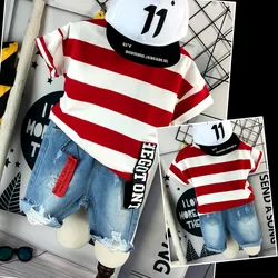 2PCS Toddler Kids Baby Boy Summer Clothes Short Sleeved Striped T-Shirt + Denim Shorts Hot Pant Outfits Casual Clothing Set