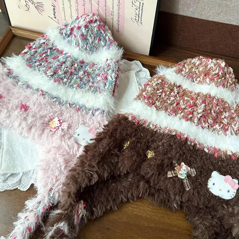 سانريو مرحبا كيتي الصوف محبوك قبعة شتاء دافئ الباردة واقية قبعة KT الأذن حماية قبعة جرلي الإكسسوارات هدايا عيد الميلاد