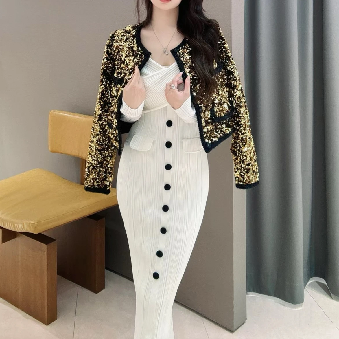 One shoulder sexy slim knit dress, Ivory white dress design sense, hip hugging long skirt SP24 autumn and winter new item