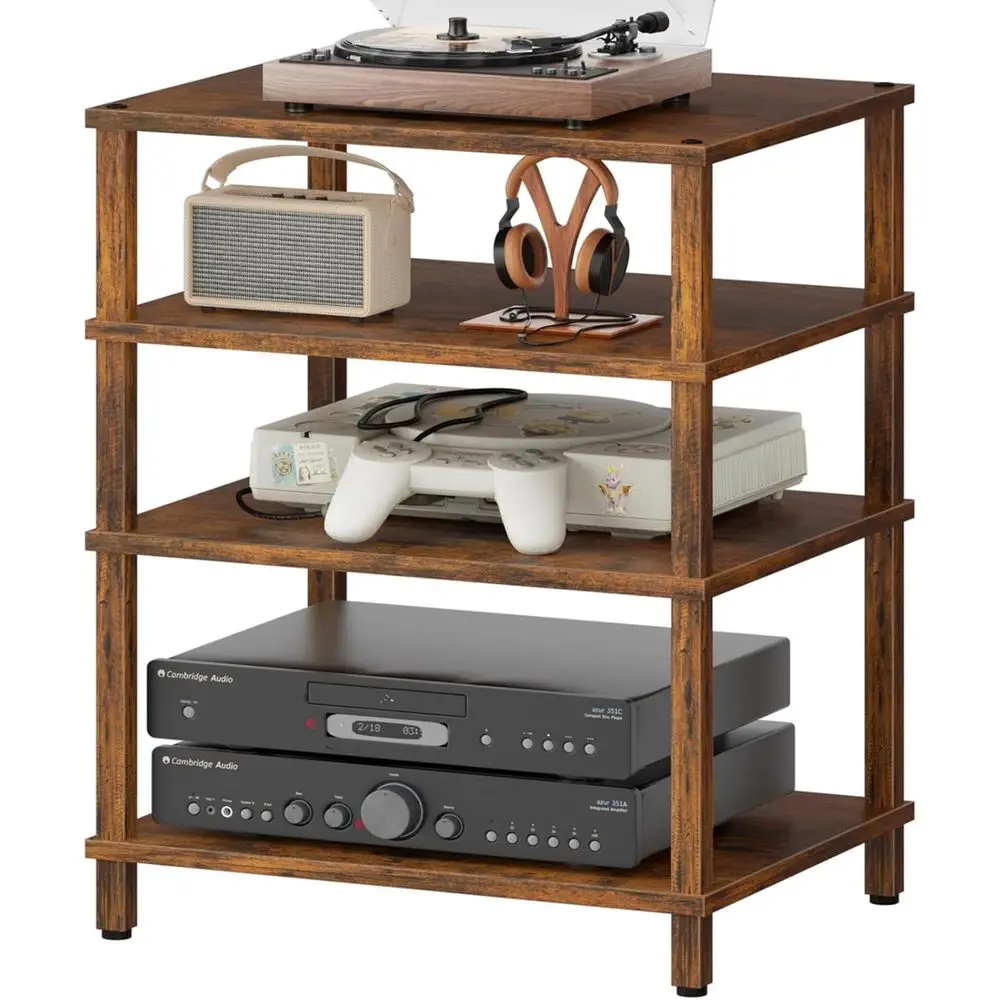 4-Tier AV Media Player Stand, Brown Stereo Cabinet, ern Stereo Cabinet, Wooden TV Stand,Game ole Shel, Multiunctional Entertainm