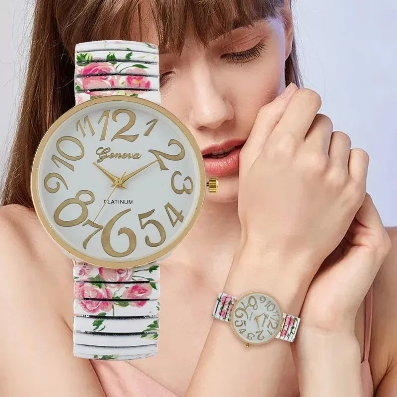 Women Quartz Watch Large Arabic Number Ladies Wristwatch Unique Relogio Elastic Printing Strap Girls Watches Reloj Mujer