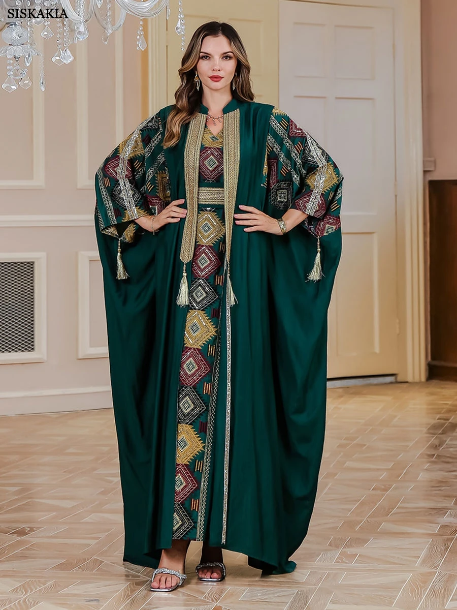 Siskakia Ramadan Dubai Luxury Women Abayas Embroidery Two Piece Set Batwing Sleeve Kaftan Belt included Party Dresses