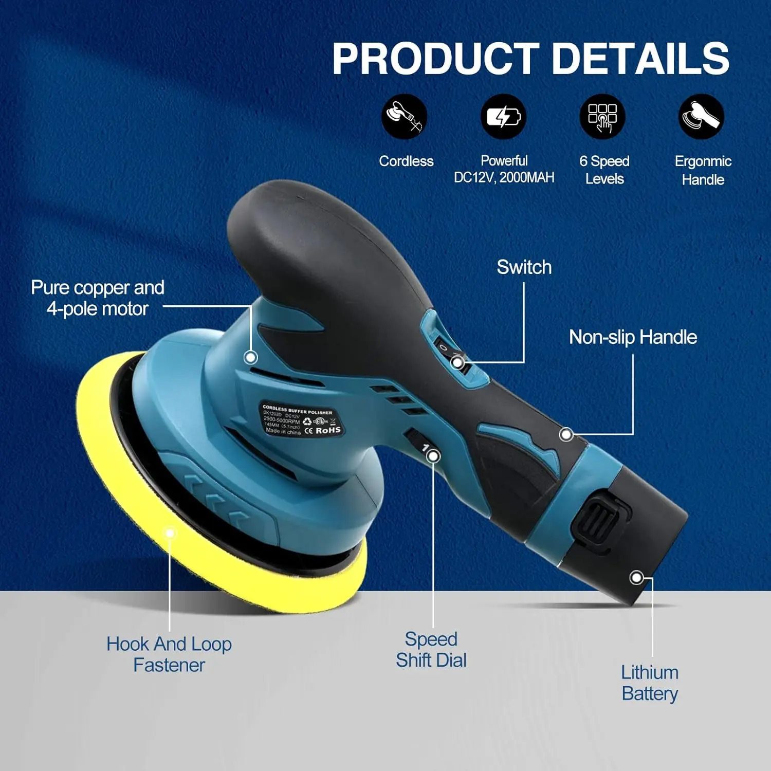 Cordless Car Buffer Polisher, Kit Máquina de Polimento Portátil, Waxer para carro detalhando, 2pcs, 12V, 2000mAh bateria, 6"