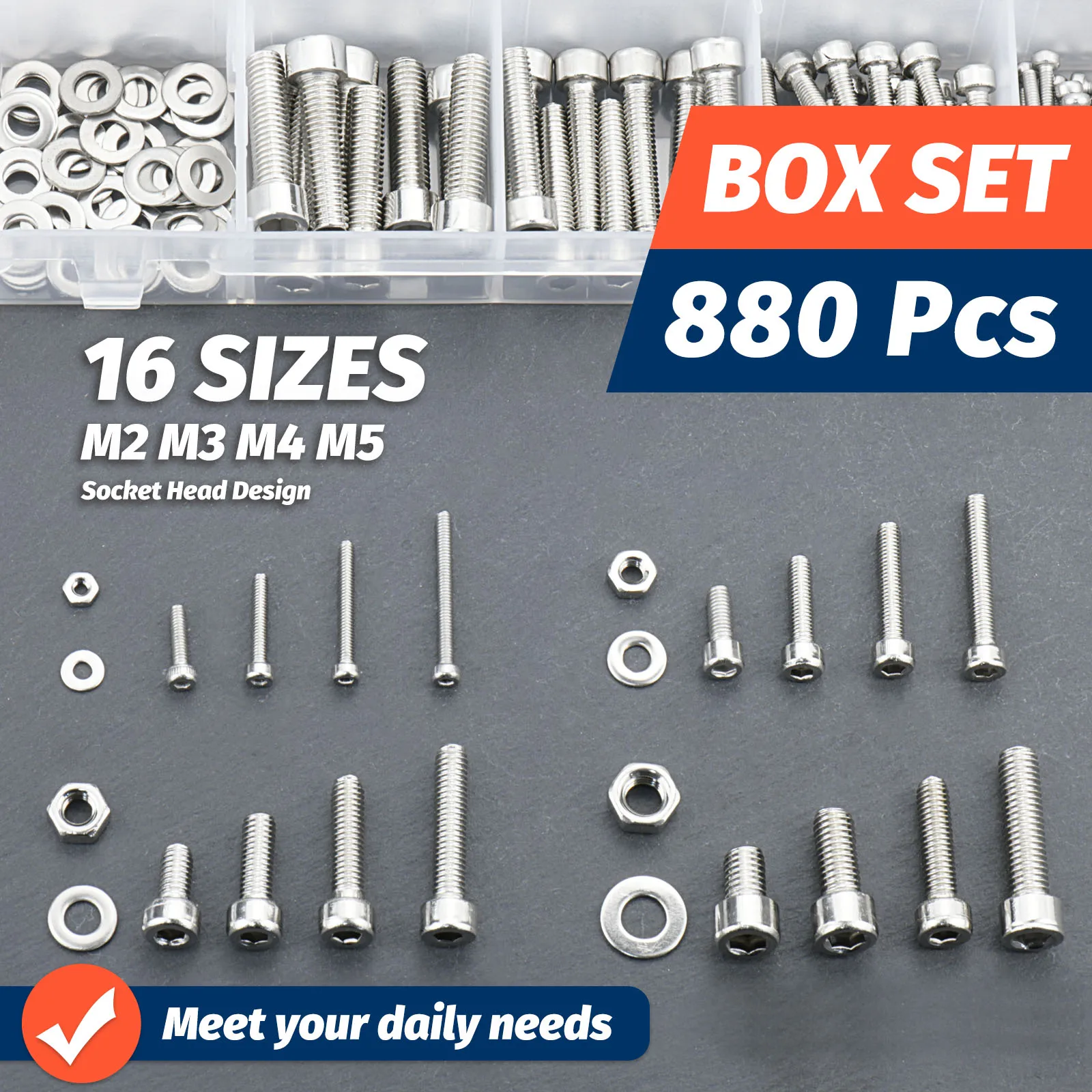 880Pcs Hexagon Hex Socket Head Cap Screw Set M2 M3 M4 M5 304 Stainless Steel Nuts & Washer Assortment Kit