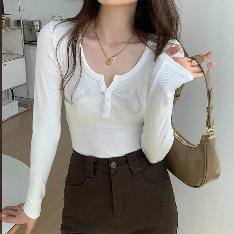 Spring Autumn Women's Elastic Thread Button Bottoming Shirt V Neck Slim Fit Long Sleeve T-shirt Casual Bottom Sexy Tops Tee