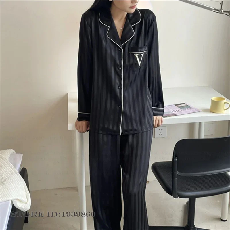 

Черный пижамный комплект в полоску для женщин: новая весенняя шелковая атласная пижама с брюками, свободный повседневный домашний костюм, одежда для отдыха, нижнее белье