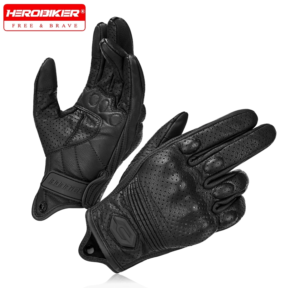 

​Vintage Leather Motorcycle Gloves Summer Perforated Breathable Motorbike Motocross Gloves Touchscreen All Fingers Gloves