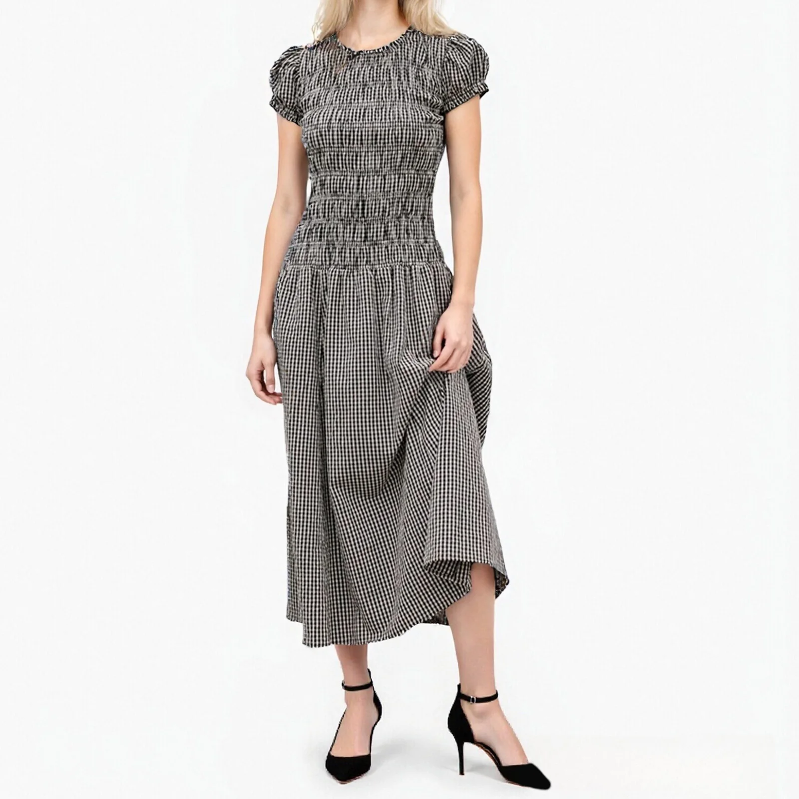 Robe longue à imprimé vichy pour femmes, manches courtes, col rond, smockée, mi-longue, printemps-été