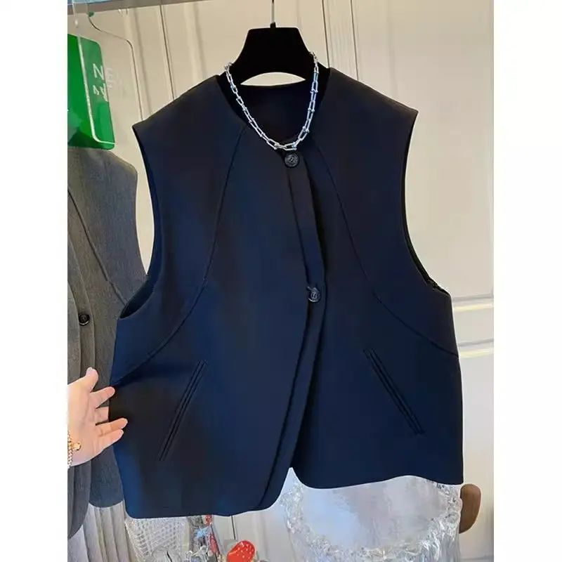 Luxury High-end Suit Vest Waistcoat Loose Jacket Top Women's Spring Autumn Design Sleeveless Office Ladies Coat Black Grey