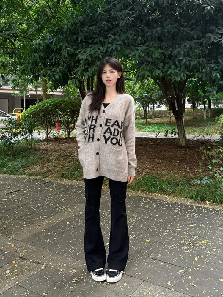 

Вязаный кардиган в американском стиле ретро с v-образным вырезом, мужской и женский ранний осенний свитер CleanFit, свободная одежда для ленивых пар, Ci Walk