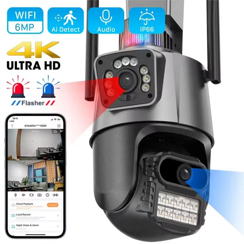 WiFi surveillance camera, dual lens, AI human detection ONVIF outdoor security PTZ IP camera, 4K, 6 megapixels