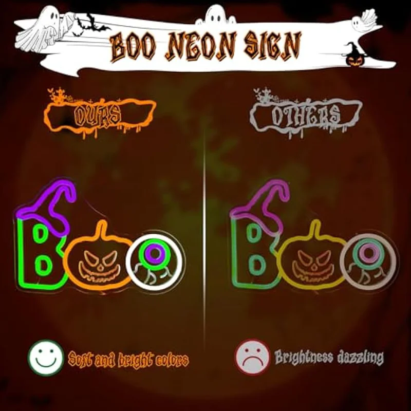 Halloween Witch's Hat Boo Pumpkin Neon Sign Dimmable Boo Lights for Wall Decor for Bedroom Window Party Light Up Gift