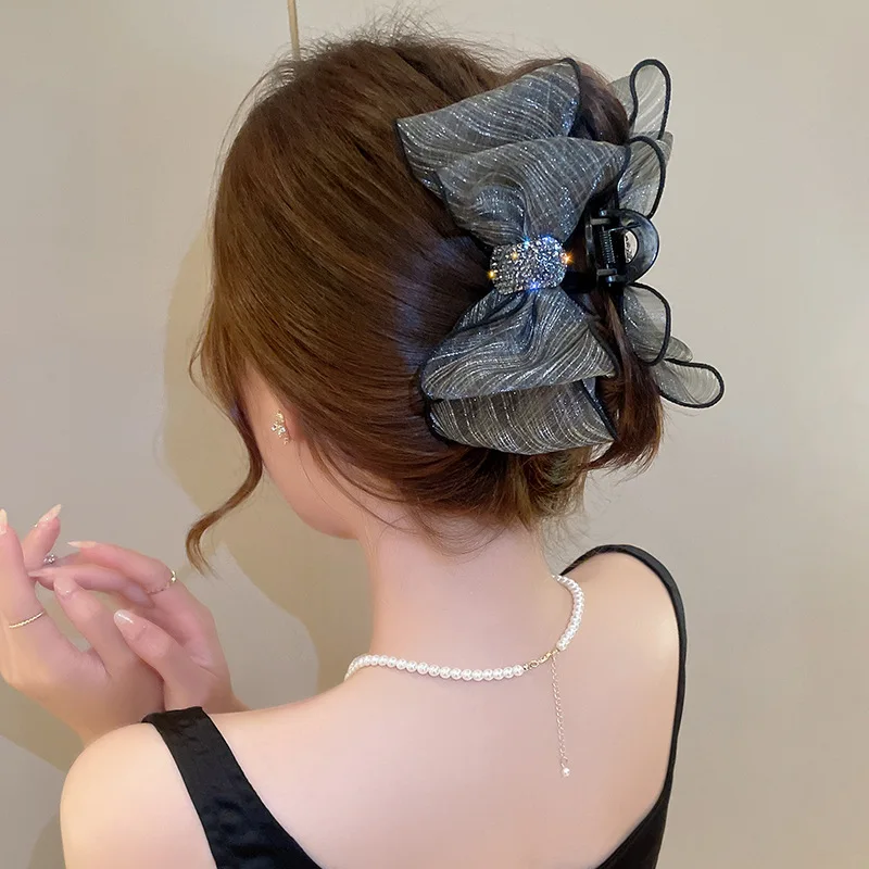 Elegant Mesh Bow Hair Clips Women Ponytail Claw Clip Sparkling Rhinestone Clips Hairpin Girls Headdress Hair Accessories Gifts