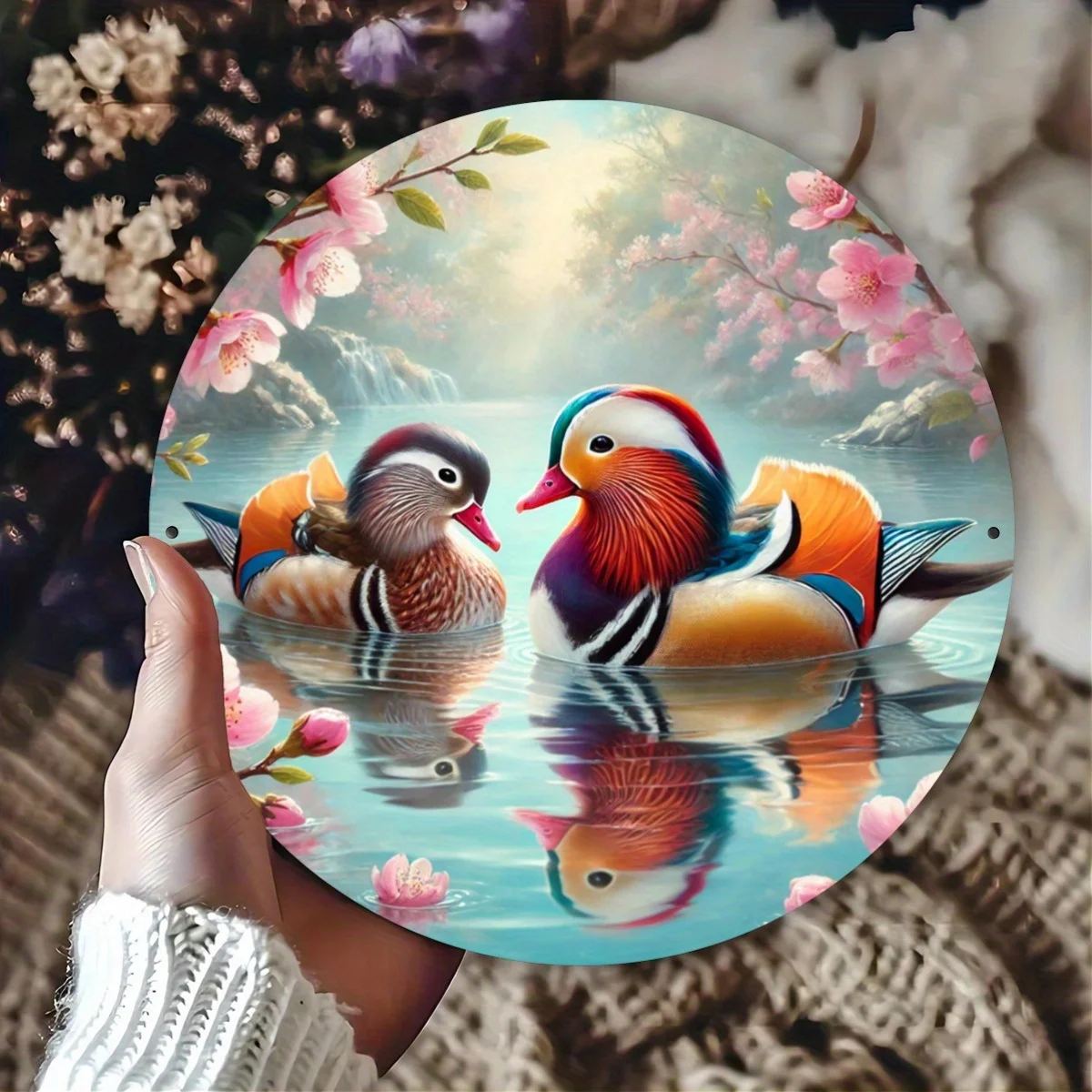7.8X7.8 Inch (20X20Cm) 2D Flat Printed Metal Sign Mandarin Ducks Playing in The Water Decoration - Country Farmhouse Decoration