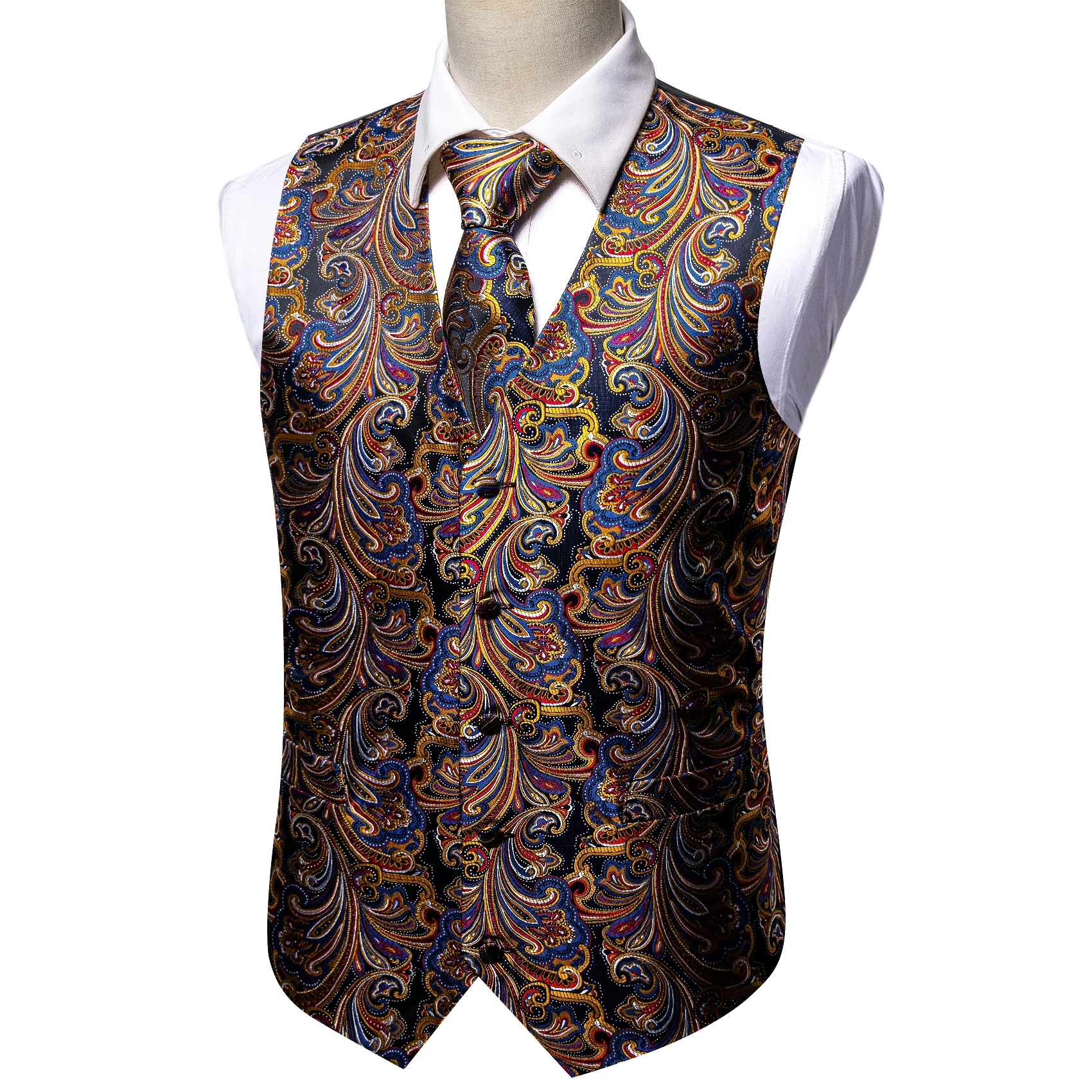 Barry.Wang 100 Colors Silk Men Vest Tie Hanky Cufflinks Set Waistcoat Paisley Floral Jacquard Sleeveless Jacket Wedding Business