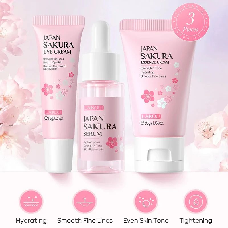 3 pz/set LAIKOU Vitamina C 24K Golden Sakura Set Per La Cura Della Pelle Crema Per Il Viso Siero Crema Per Gli Occhi Idratante Anti Rughe Kit Per La Cura Del Viso